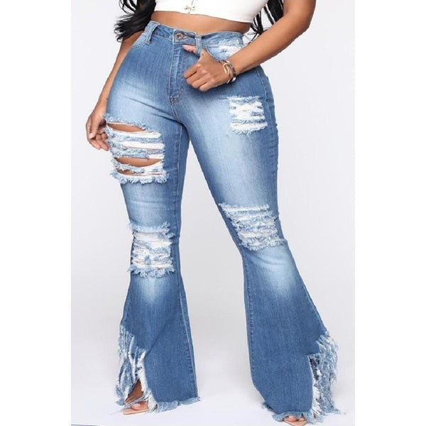 High Rise Frayed Flare Jeans Jeans 3XL FatGirlSexy LLC destructed, Jeans, Plus size 