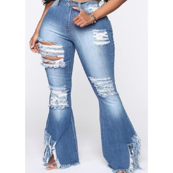 High Rise Frayed Flare Jeans Jeans 3XL FatGirlSexy LLC destructed, Jeans, Plus size 