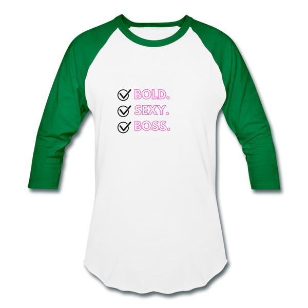 Bold Sexy Boss Baseball T-Shirt - white/kelly green